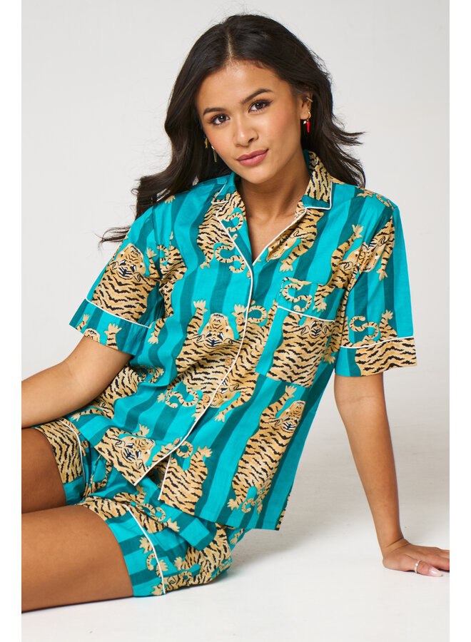 Short Cotton Pajama Set in Tiger Aqua