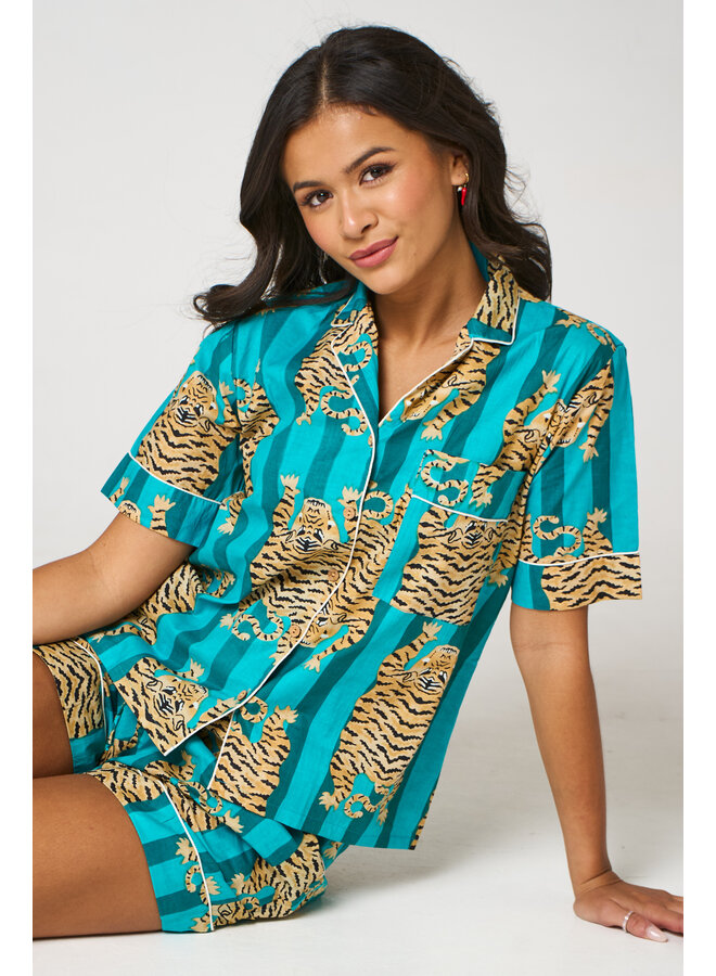 Short Cotton Pajama Set in Tiger Aqua