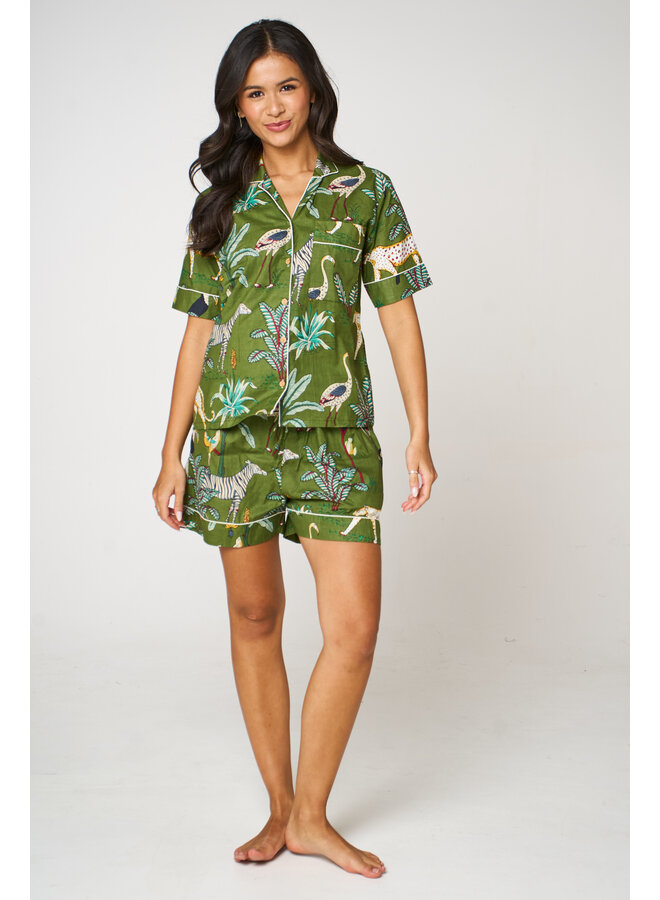 Short Cotton Pajama Set in Green Jungle