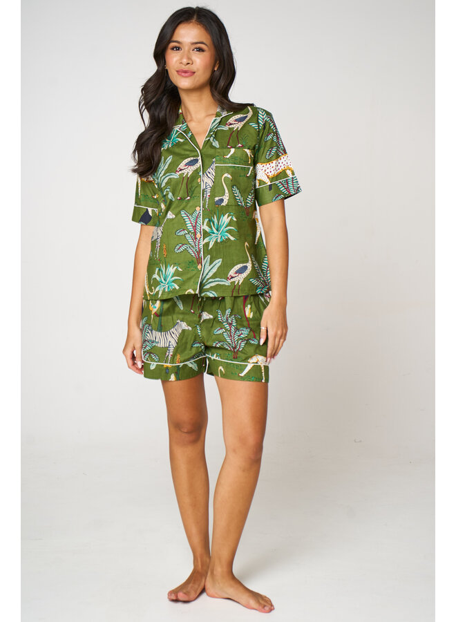 Short Cotton Pajama Set in Green Jungle