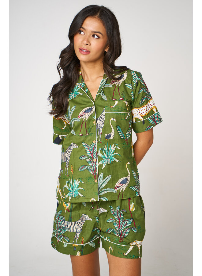 Short Cotton Pajama Set in Green Jungle