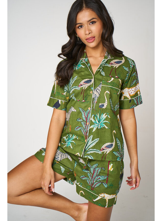 Short Cotton Pajama Set in Green Jungle