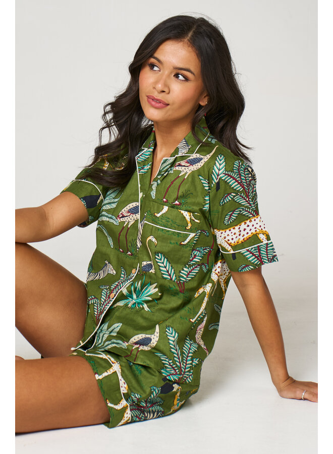 Short Cotton Pyjama Set in Green Jungle