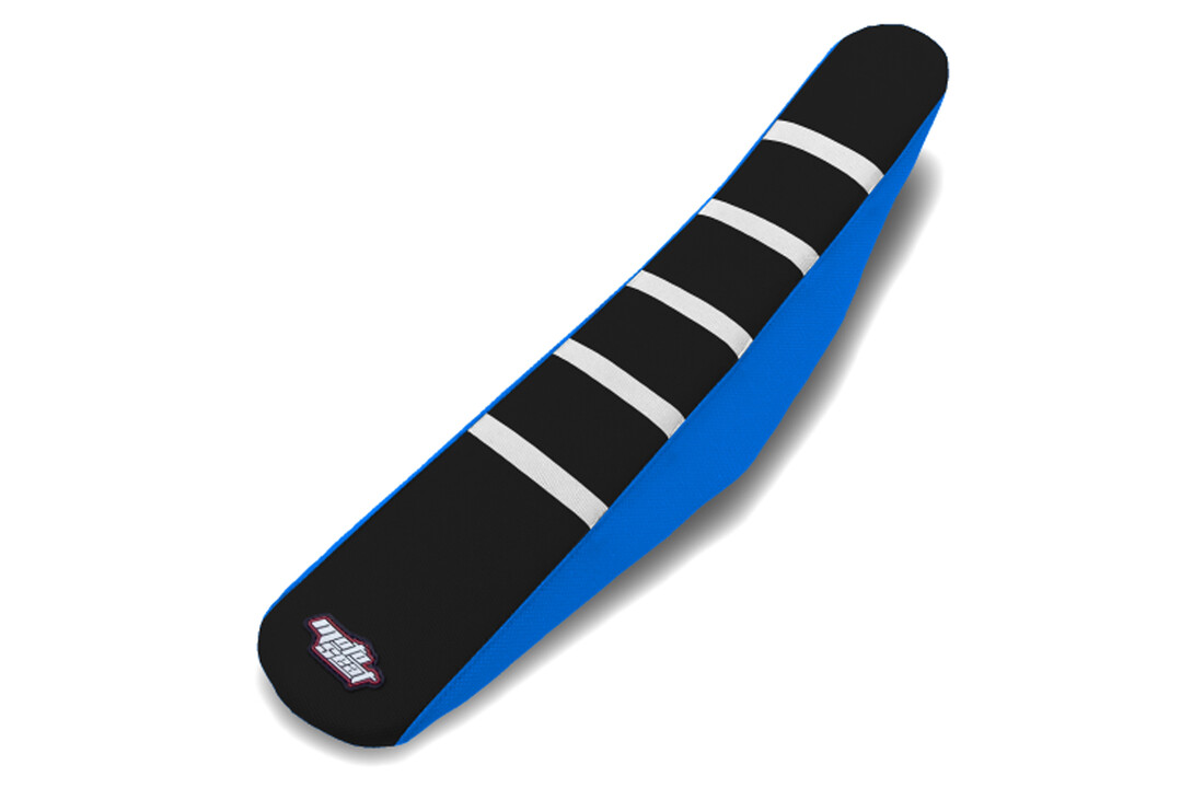 MOTOSEAT SEAT COVER TM 13- 85cc Black/Blue+White Stripes
