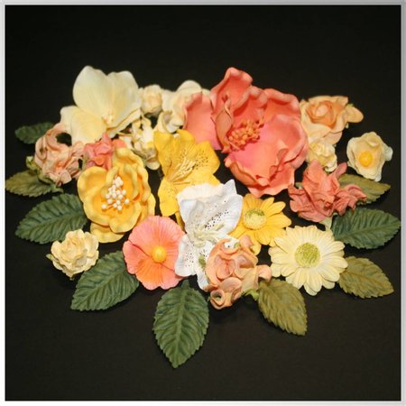 Embellishments / Verzierungen Papir blomster sortiment, orange, gul, hvid