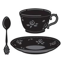 Ponsen en embossing sjabloon, kopje koffie en thee kop en lepel
