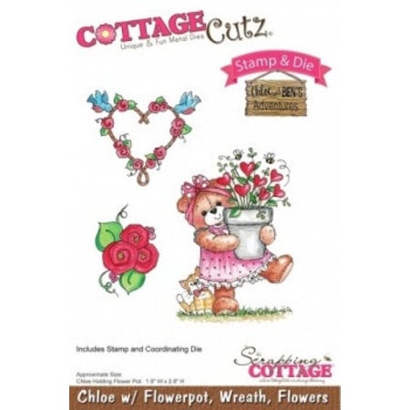 Cottage Cutz NEW Stamping template + stamp: bear with wreath and flowers