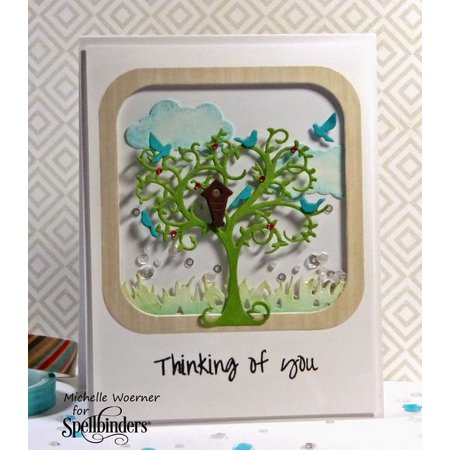 Spellbinders und Rayher Ponsen en embossing stencil boom met vogels