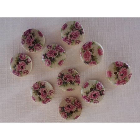 Embellishments / Verzierungen 10 houten knopen met roze motief