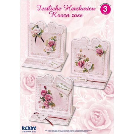 BASTELSETS / CRAFT KITS: Material fijado para 4 tarjetas festivas corazón rosa rosas