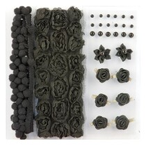 Poms & Flowers - Embellishment, pom poms and flowers set black