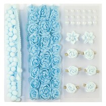 Poms & Flowers - Embellishment,pom poms & flowers set hellblau