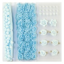 Poms y flores - Embellecimiento, pompones y flores establecen azul claro