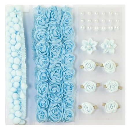 DEKOBAND / RIBBONS / RUBANS ... Poms & Flowers - Embellishment, pom poms and flowers set light blue