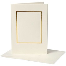 10 Passepartout kort, kort størrelse 10,5x15 cm, off-white, rektangulær kuttet med gull kant