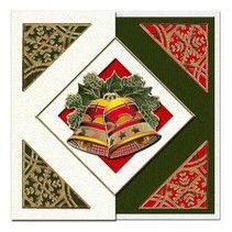 Et sett med fem kort og konvolutter i julen grønn, rød eller krem
