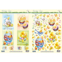 Stamping and sheet motifs Easter, Easter eggs with ducklings, chicks and bunnies