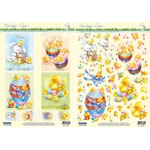 Stampaggio e motivi foglio di Pasqua, uova di Pasqua con gli anatroccoli, pulcini e coniglietti