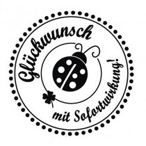 Holze mini stempel met Duitse tekst "Gefeliciteerd met onmiddellijke ingang", 3cm diameter