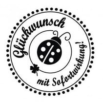 mini-selo Holze com alemães texto "Parabéns, com efeito imediato", diâmetro 3 centímetros