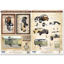Stanzbogen und Motivbogen,2 Oldtimerautos, 1 Oldtimerbus