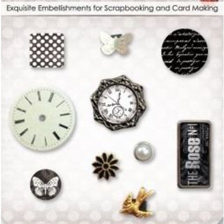 Embellishments / Verzierungen Brads decorativos con Uhre, mariposas y flores, 10 partículas
