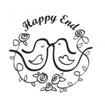 Selo de madeira, texto, "Happy End!"
