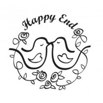 Selo de madeira, texto, "Happy End!"