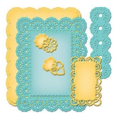 Spellbinders und Rayher Spell stempling og Embossing sjablong, nestabilities, dekorativ ramme og etiketten