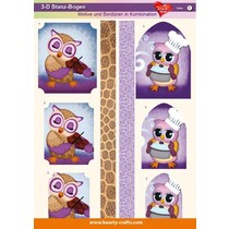 Folhas Die corte 3D, desenhos e fronteiras em combinação, corujas