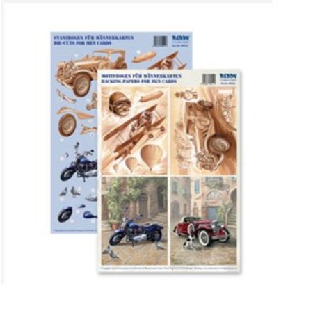 Dekoration Schachtel Gestalten / Boxe ... Kit, 3D fogli Die taglio per schede 4 uomini: vintage, biplano, Motocicletta + 4 doppie biglietti!
