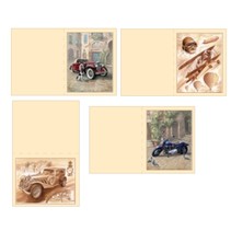 Kits, 3D Die cut ark for 4 menn kort: vintage, biplan, Motorsykkel + 4 doble billetter!
