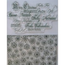 Selos transparentes, cristais de gelo e saudações de Natal em vários idiomas