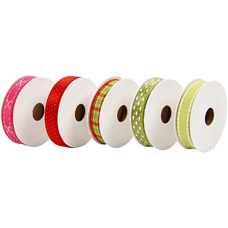 DEKOBAND / RIBBONS / RUBANS ... Set dekorative bånd, rød / grønne toner