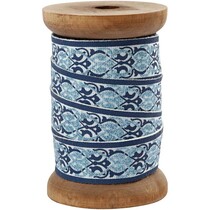 Exclusive, geweven tape op houten spoel, grijs / lichtblauw