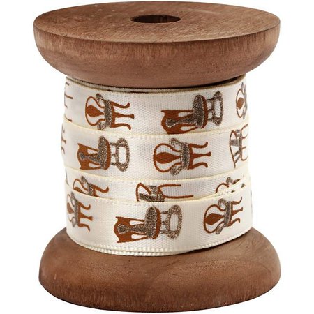 DEKOBAND / RIBBONS / RUBANS ... Satin ribbon on wooden spool, cream / gold