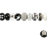 Schmuck Gestalten / Jewellery art Glassperler harmoni 13-15 mm, svart / hvite toner, 10 rangert, hullstørrelse 3-3,5 mm