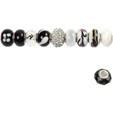 Schmuck Gestalten / Jewellery art Glasperler harmoni 13-15 mm, sort / hvide toner, 10 rangeret, hulstr 3-3,5 mm