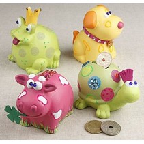 Animal money boxes, 7-10 cm, cow, dog, frog and turtle, 4 sort.