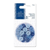 30 mini buttons, blue tones, with and without white dots