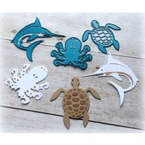 Stempelen en embossing stencil, Squid, Turtle, Shark