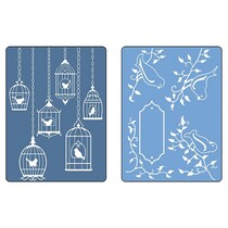Embossing folders, 2 pieces, birds and birdhouses