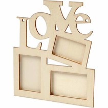Collage van 3 houten frame en het woord "LOVE"