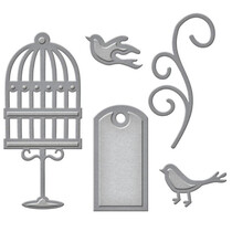 Punching and embossing template: label, cage birds and swirl