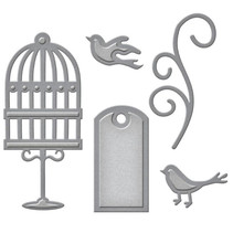 Troquelado y estampado en relieve plantilla: etiqueta, pájaros de jaula y remolinos