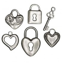 6 metal vedhæng: hjerte, lås, nøgle