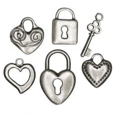 Embellishments / Verzierungen 6 anheng: hjerte, lås, nøkkel