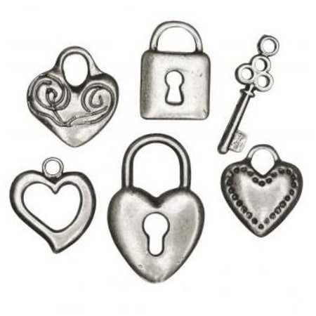 Embellishments / Verzierungen 6 metal pendant: heart, lock, key