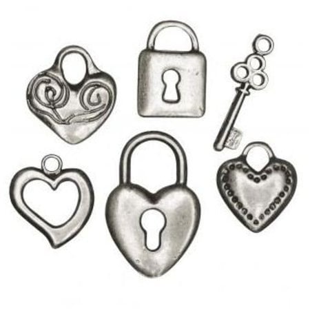Embellishments / Verzierungen 6 pingente de metal: coração, fechamento, chave