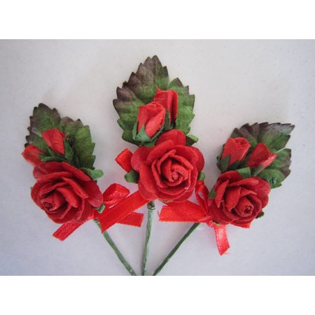 BASTELSETS / CRAFT KITS: 3 MIni Rosenbouquets mit Schleife rot.